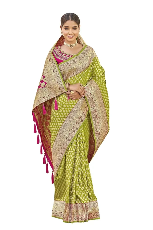 Green Banarasi Silk Saree with Pink Blouse Piece