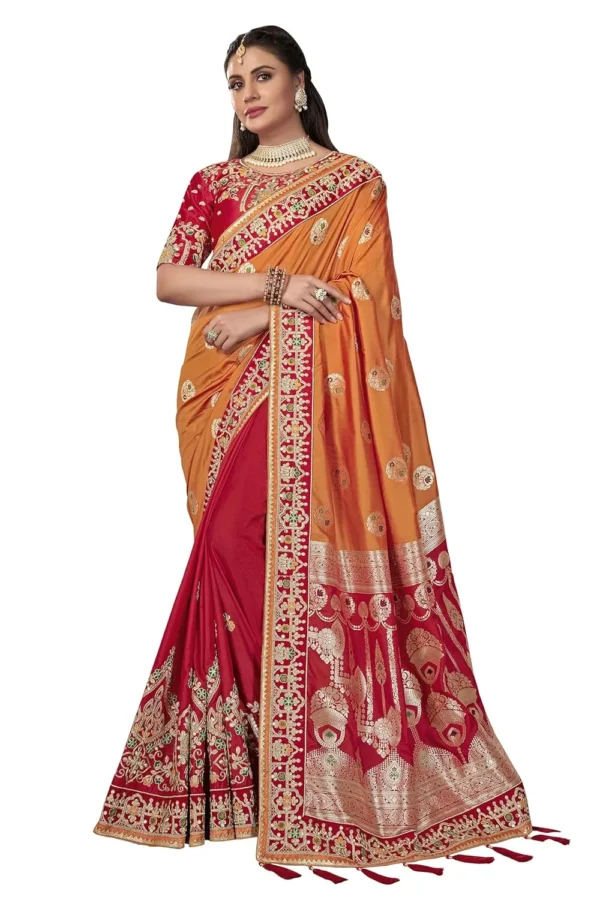 Red & Mustard Banarasi Silk Saree with Unstitched Blouse Piece