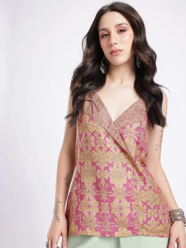 Brown & Pink Double-Breasted Floral Top